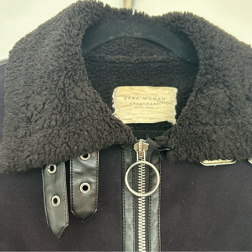 Zara Shearling Zip Up Cropped Jacket with Silver Hardwear - Picture 2 of 9